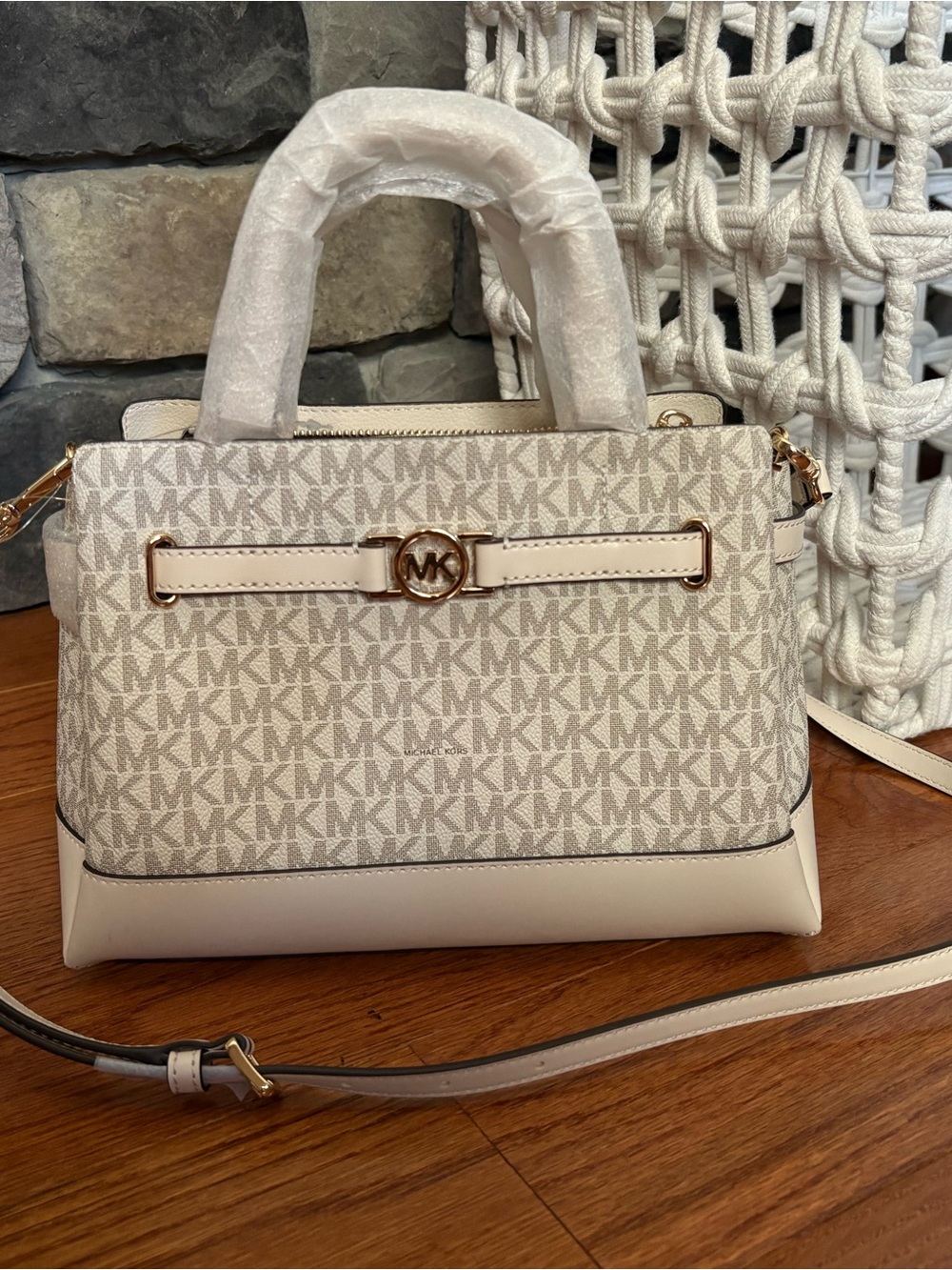 Michael Kors Cream/Beige MK Signature Satchel with Gold Hardware